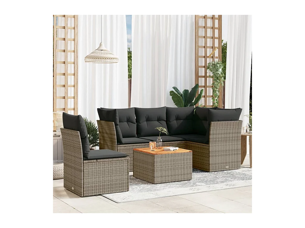 Salon de jardin 6 pièces avec coussins gris résine tressée