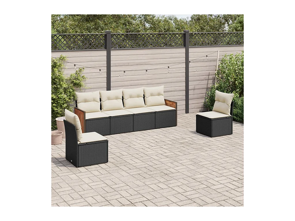 6-delige Loungeset met kussens poly rattan zwart