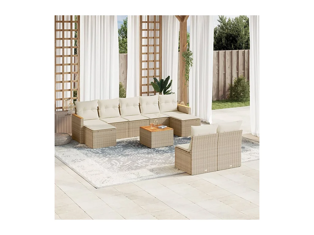 10-delige Loungeset met kussens poly rattan beige