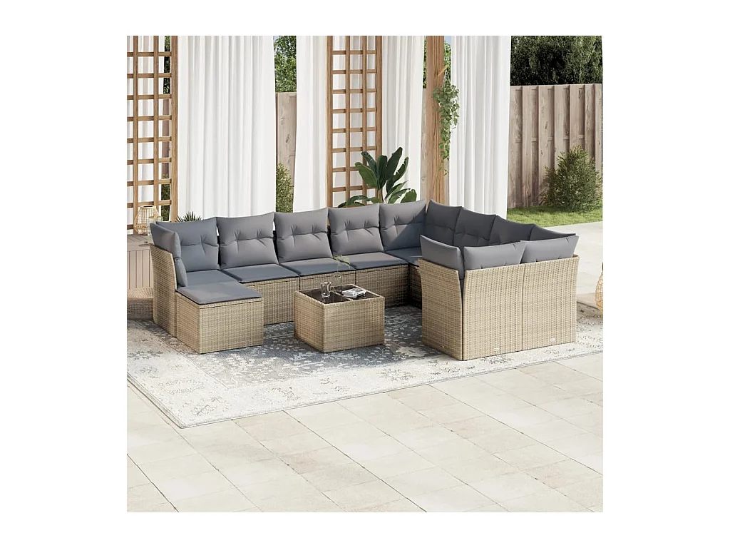 Salon de jardin 11 pièces avec coussins beige résine tressée