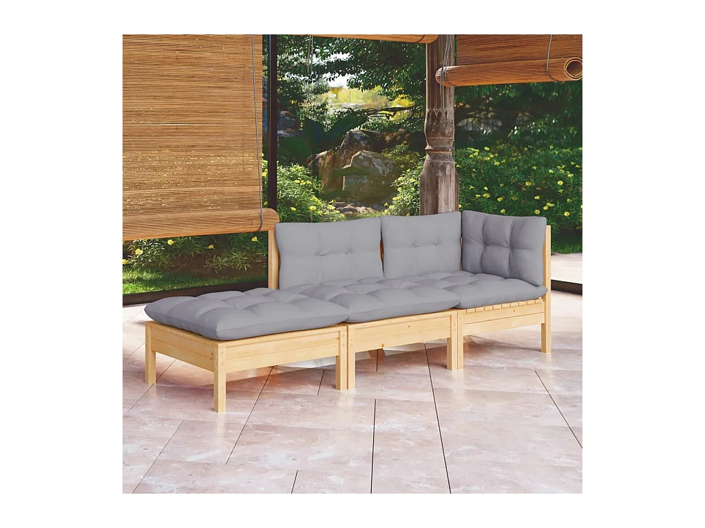 3peças conjunto lounge de jardim c/ almofadões cinza pinho maciço