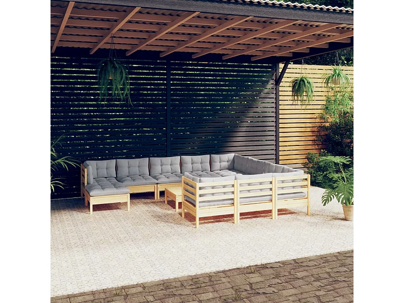12 peças conjunto lounge de jardim c/ almofadões cinza pinho