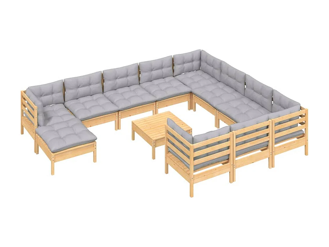 Salon de jardin 12 pièces avec coussins gris Bois de pin