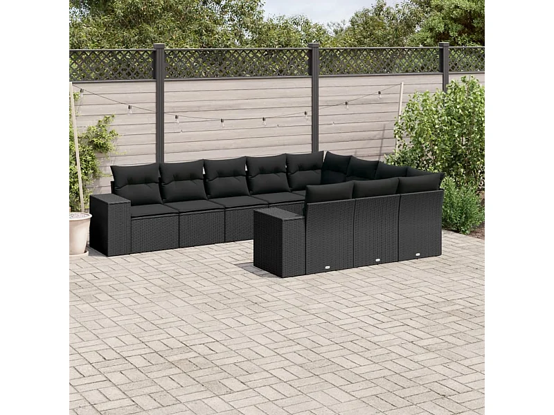 10-delige Loungeset met kussens poly rattan zwart