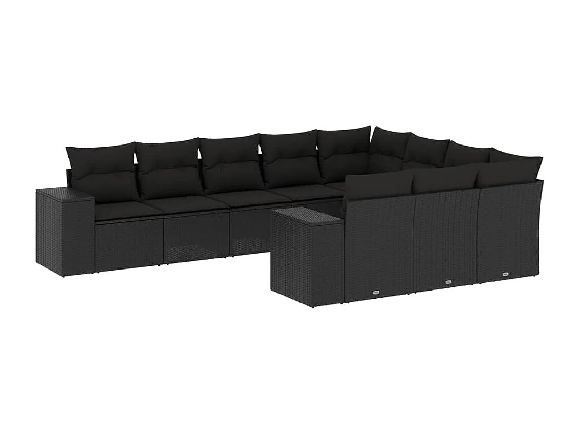 Salon de jardin 10 pièces avec coussins noir résine tressée