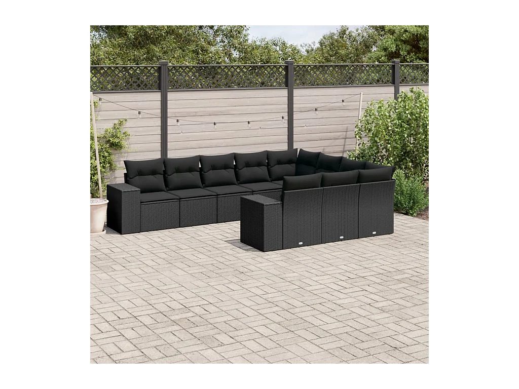 Salon de jardin 10 pièces avec coussins noir résine tressée