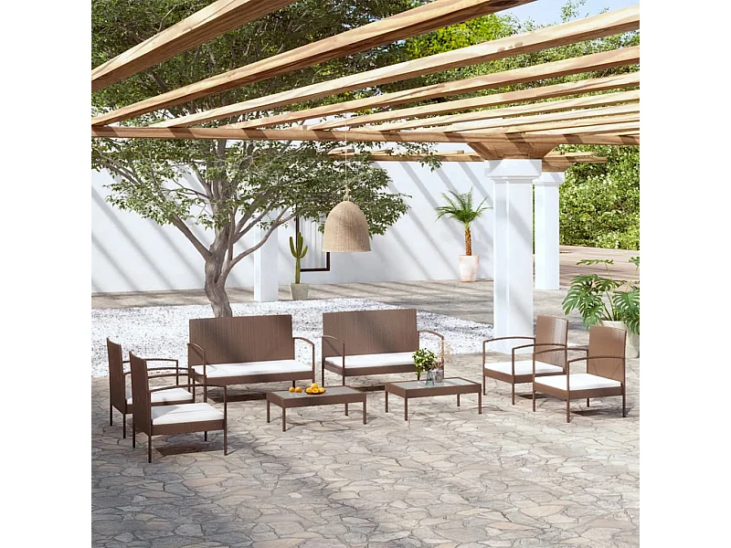 Salon de jardin 8 pièces avec coussins résine tressée marron