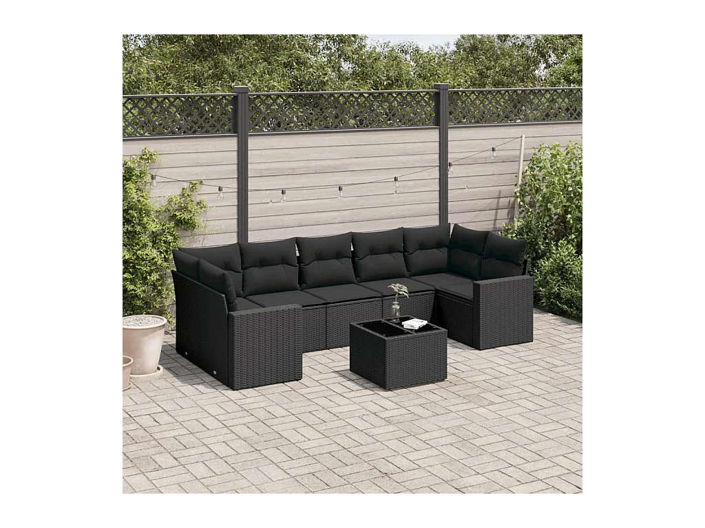 Salon de jardin 8 pièces avec coussins noir résine tressée