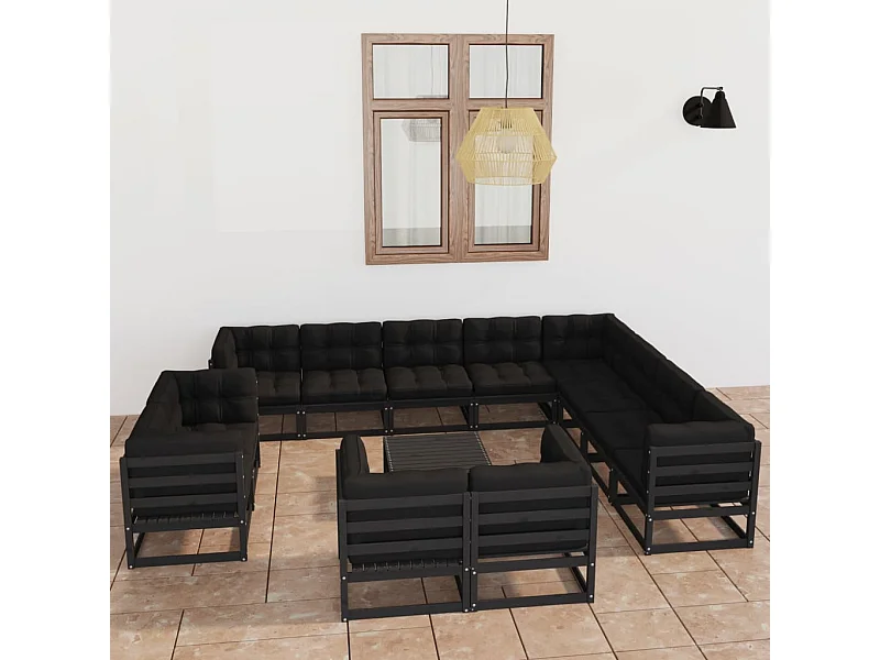 Salon de jardin 13 pièces avec coussins Noir Bois de pin massif
