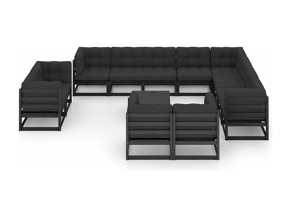 Salon de jardin 13 pièces avec coussins Noir Bois de pin massif