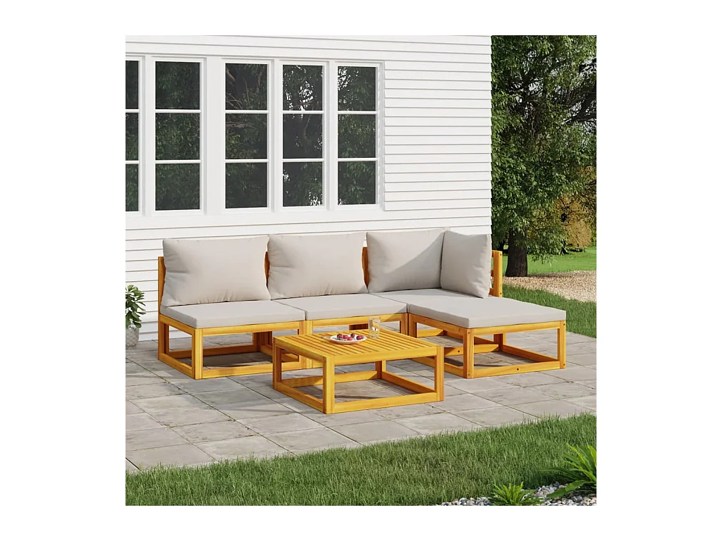 Salon de jardin 5 pièces avec coussins gris clair bois massif