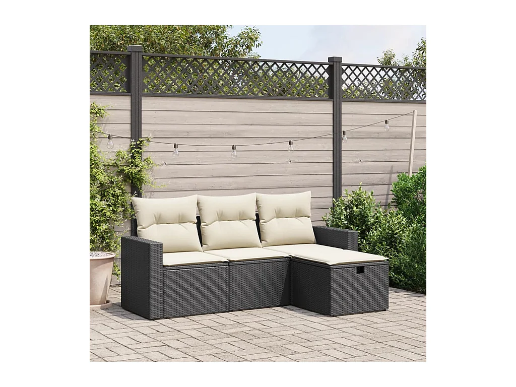 Salon de jardin 4 pièces avec coussins noir résine tressée