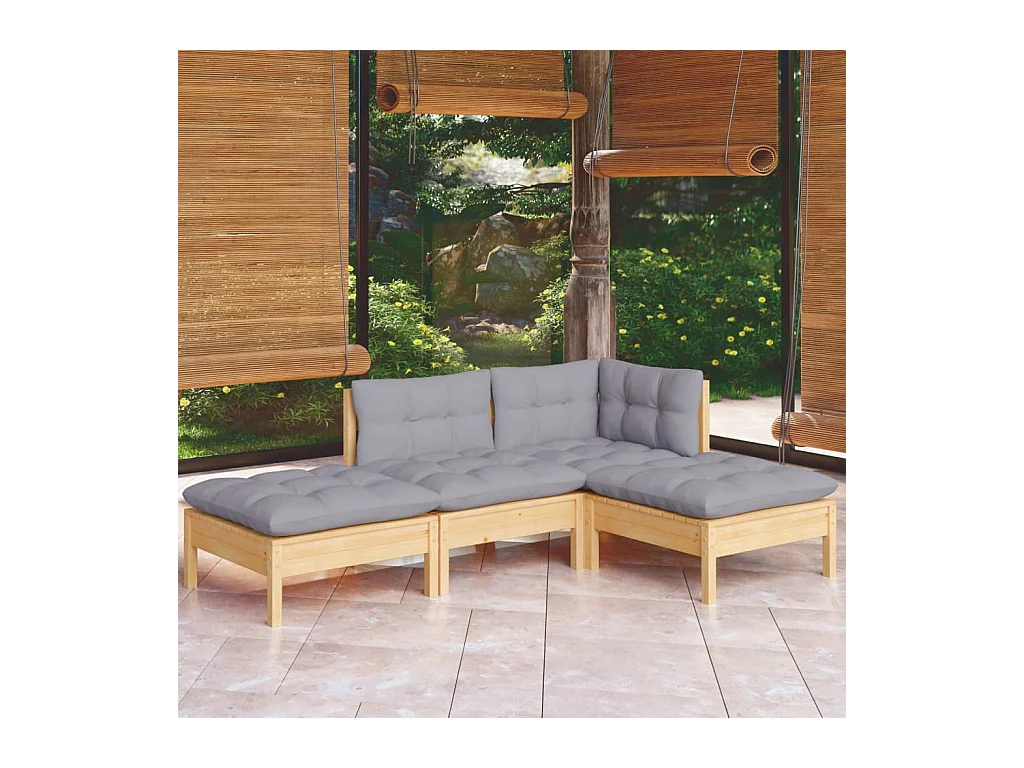 Salon de jardin 4 pièces avec coussins gris bois de pin massif