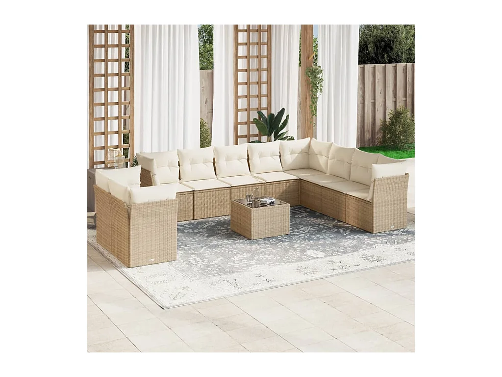 Salon de jardin 11 pièces avec coussins beige résine tressée