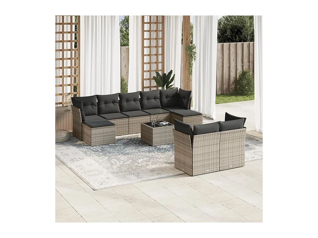 Salon de jardin avec coussins 10 pièces gris résine tressée
