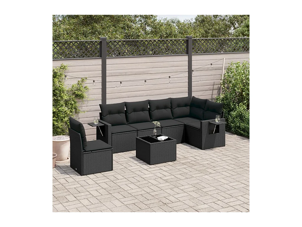 7 peças conjunto de sofás p/ jardim c/ almofadões vime PE preto