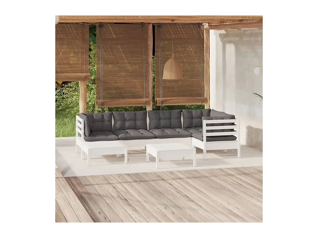 Salon de jardin 7 pièces avec coussins blanc bois de pin massif