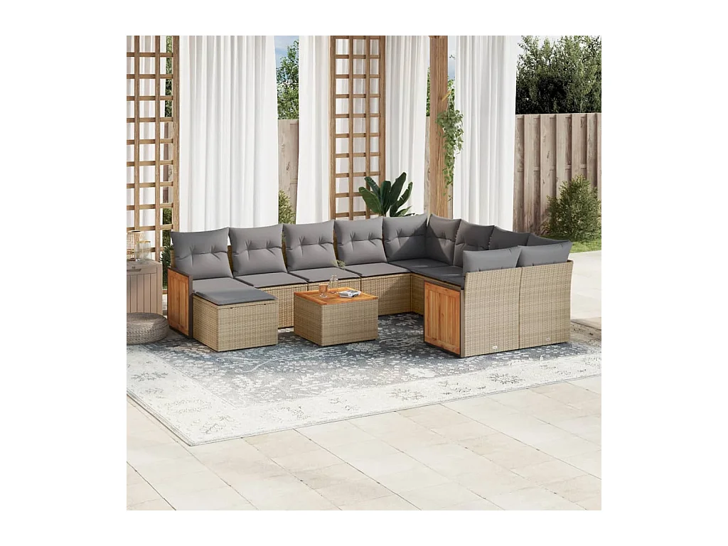 Salon de jardin 11 pièces avec coussins beige résine tressée