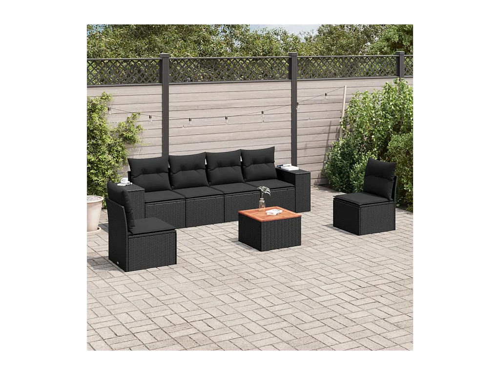 Salon de jardin 7 pièces avec coussins noir résine tressée