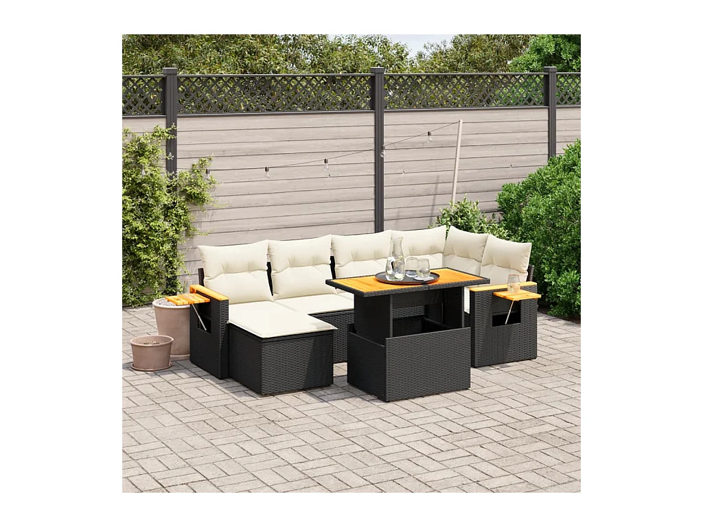 Salon de jardin 7 pièces avec coussins noir résine tressée