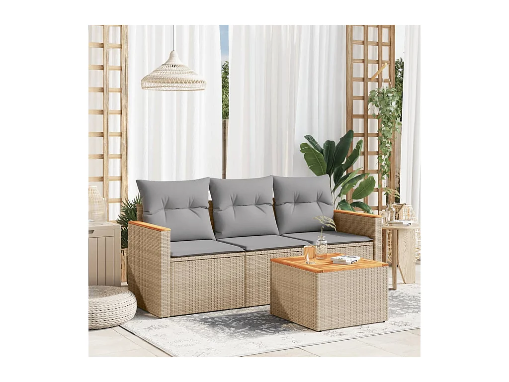 Salon de jardin avec coussins 4 pièces beige résine tressée