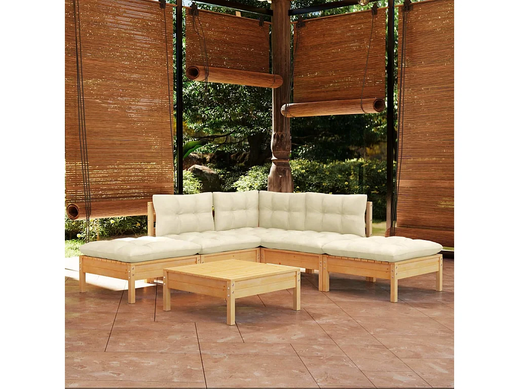 Salon de jardin 6 pièces avec coussins crème Bois de pin