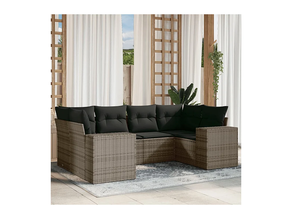Salon de jardin 6 pièces avec coussins gris résine tressée