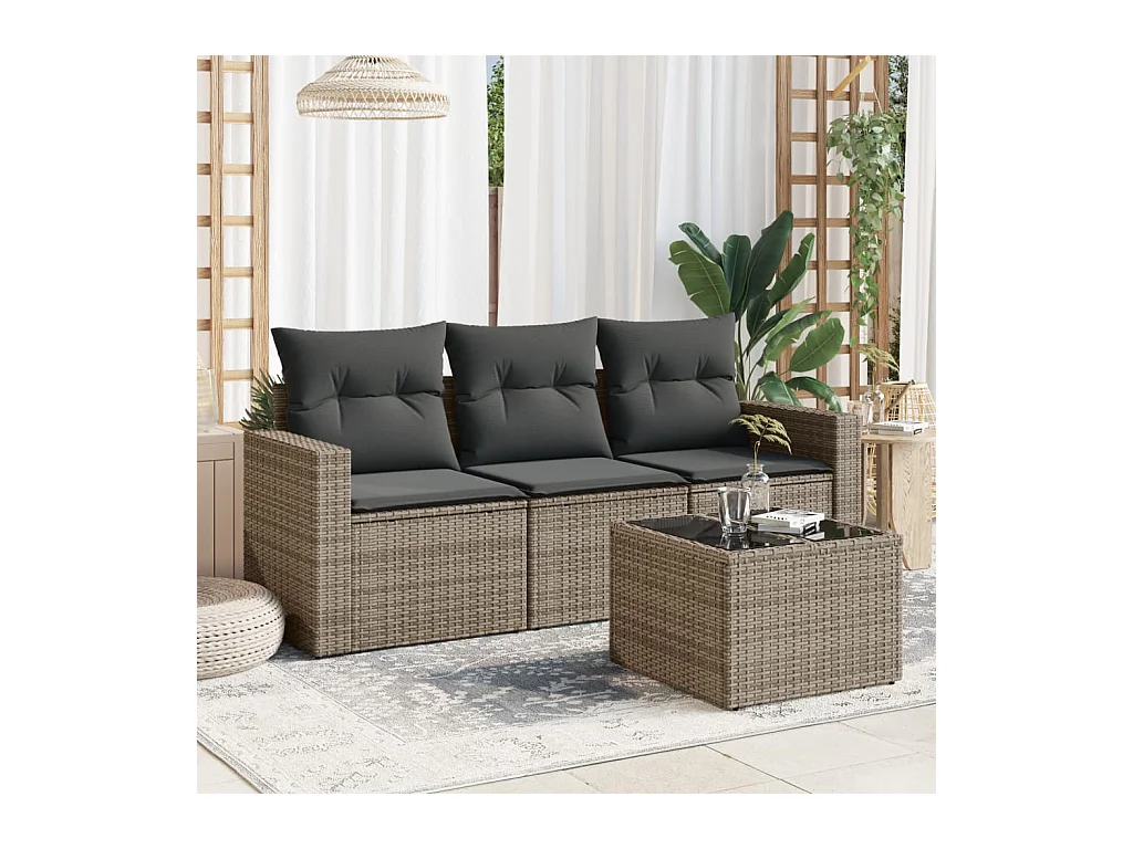 Salon de jardin 4 pièces avec coussins gris résine tressée