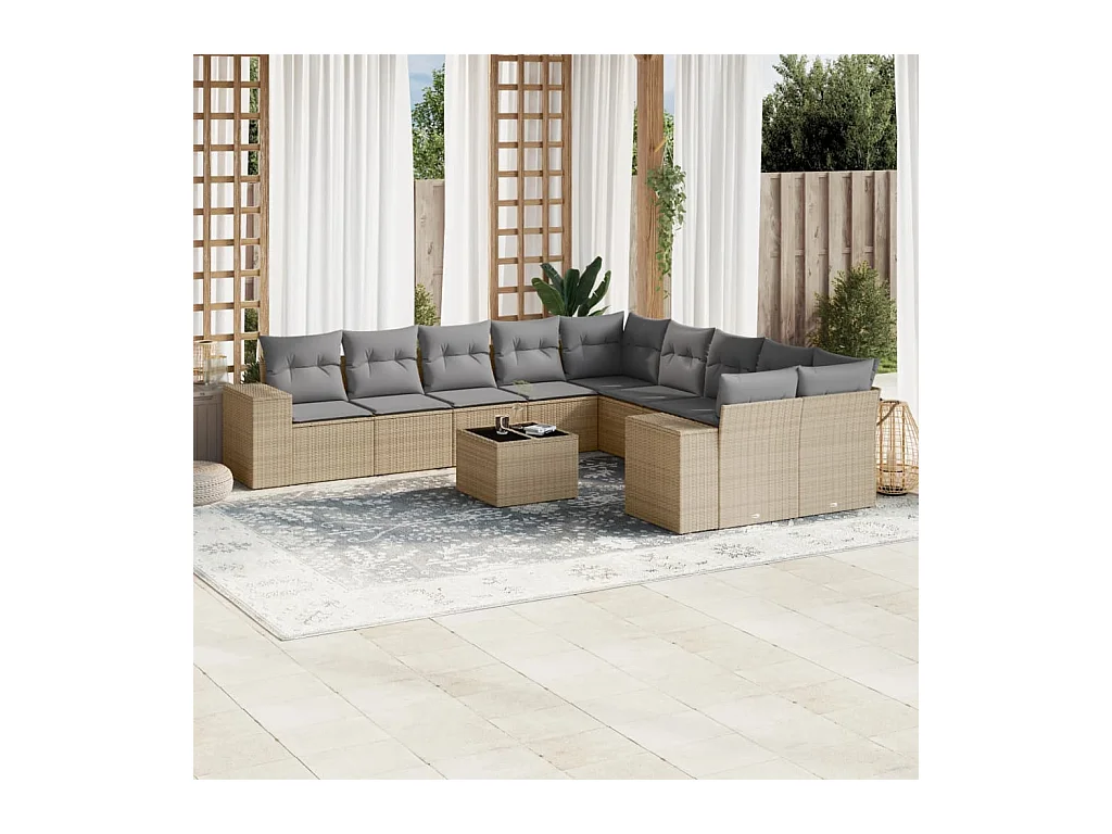 Salon de jardin 11 pièces avec coussins beige résine tressée