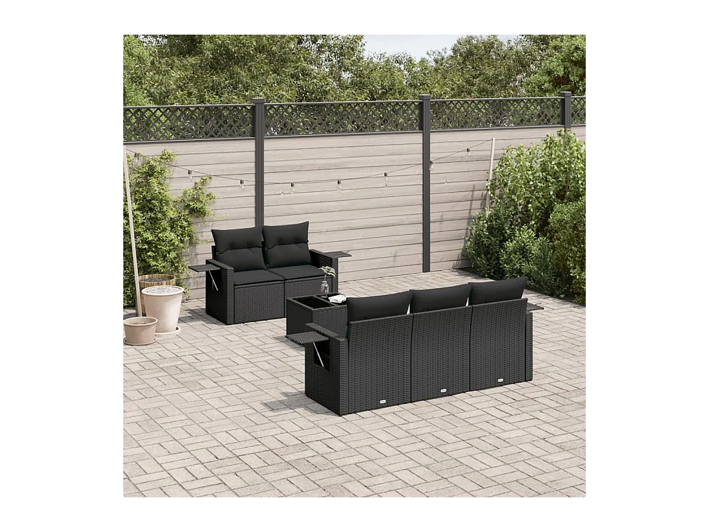 6 peças conjunto sofás de jardim c/ almofadões vime PE preto