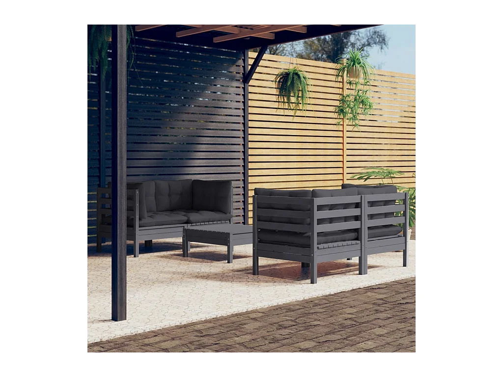 Salon de jardin 5 pièces avec coussins anthracite bois de pin
