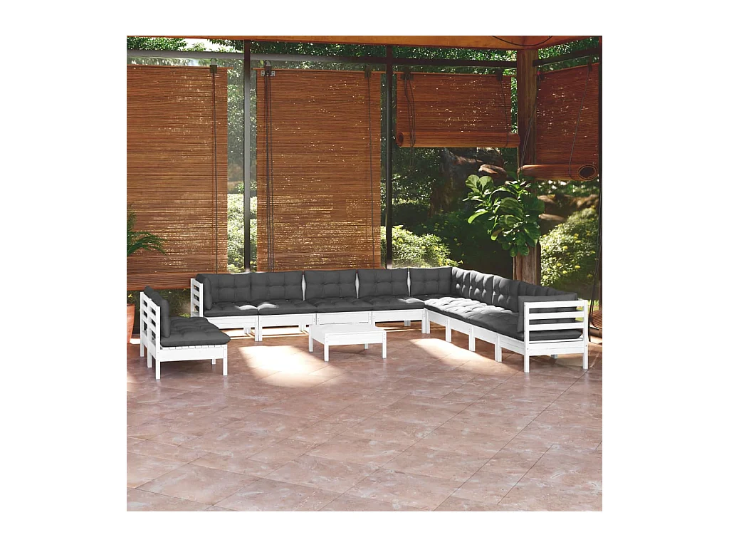 Salon de jardin 12 pièces avec coussins blanc bois de pin solide