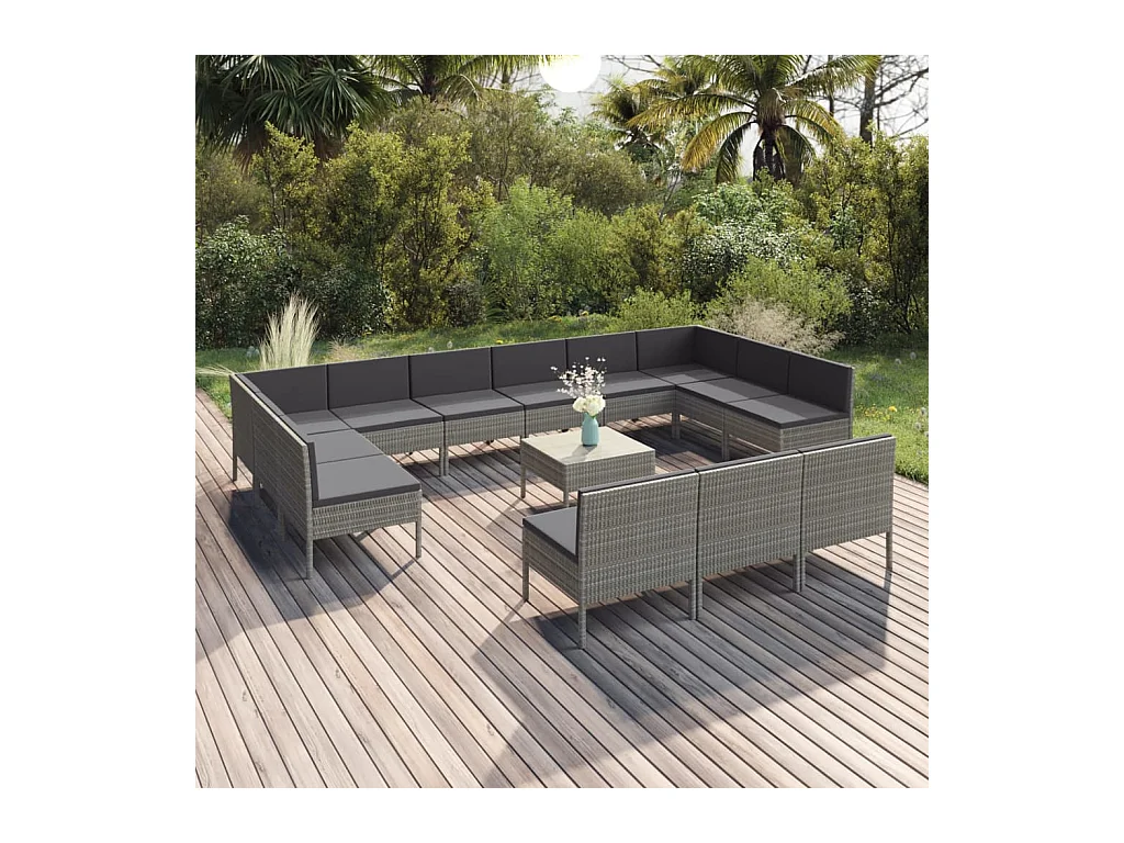 Salon de jardin 14 pièces avec coussins Résine tressée Gris