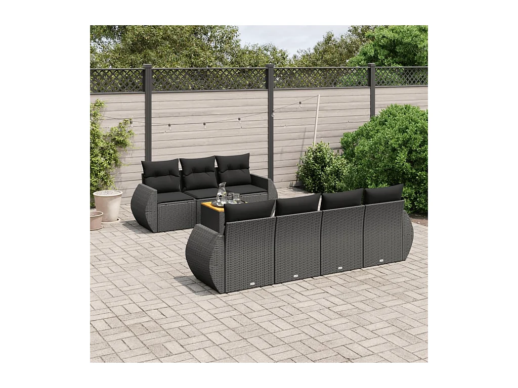 Salon de jardin 8 pièces avec coussins noir résine tressée