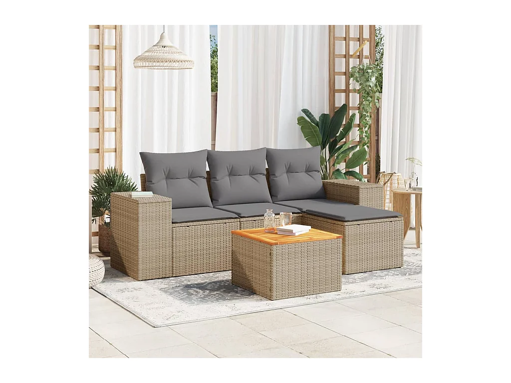 Salon de jardin avec coussins 5 pièces beige résine tressée