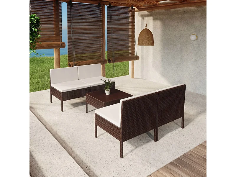 Set muebles de jardín 5 piezas y cojines ratán sintético marrón