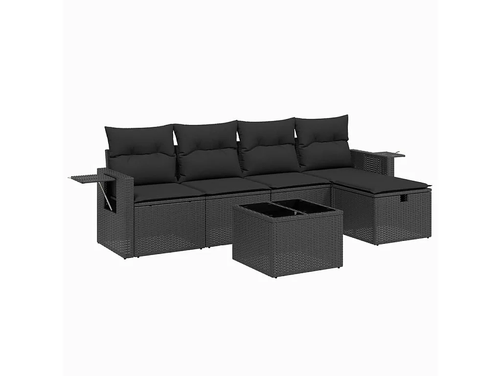 Set de sofás de jardín 6 piezas y cojines ratán sintético negro