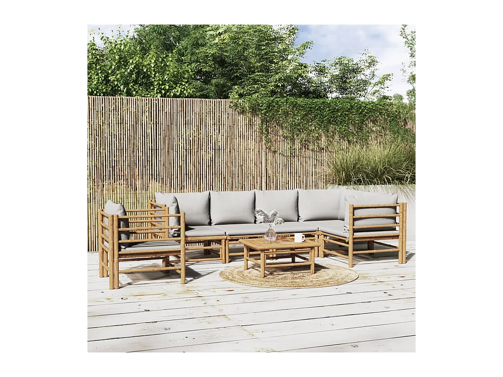Set de muebles de jardín 7 piezas bambú y cojines gris claro