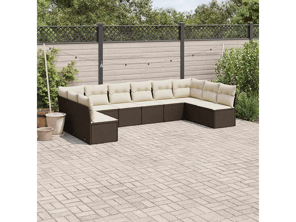 10-delige Loungeset met kussens poly rattan bruin