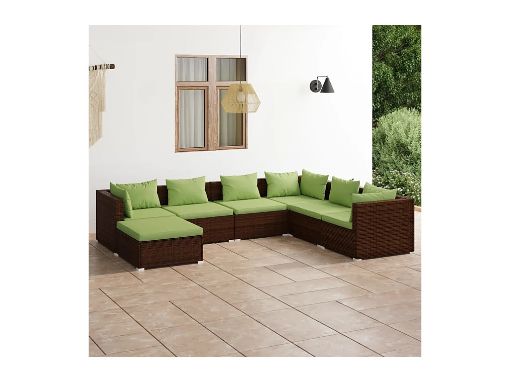Salon de jardin 7 pièces avec coussins Résine tressée Marron