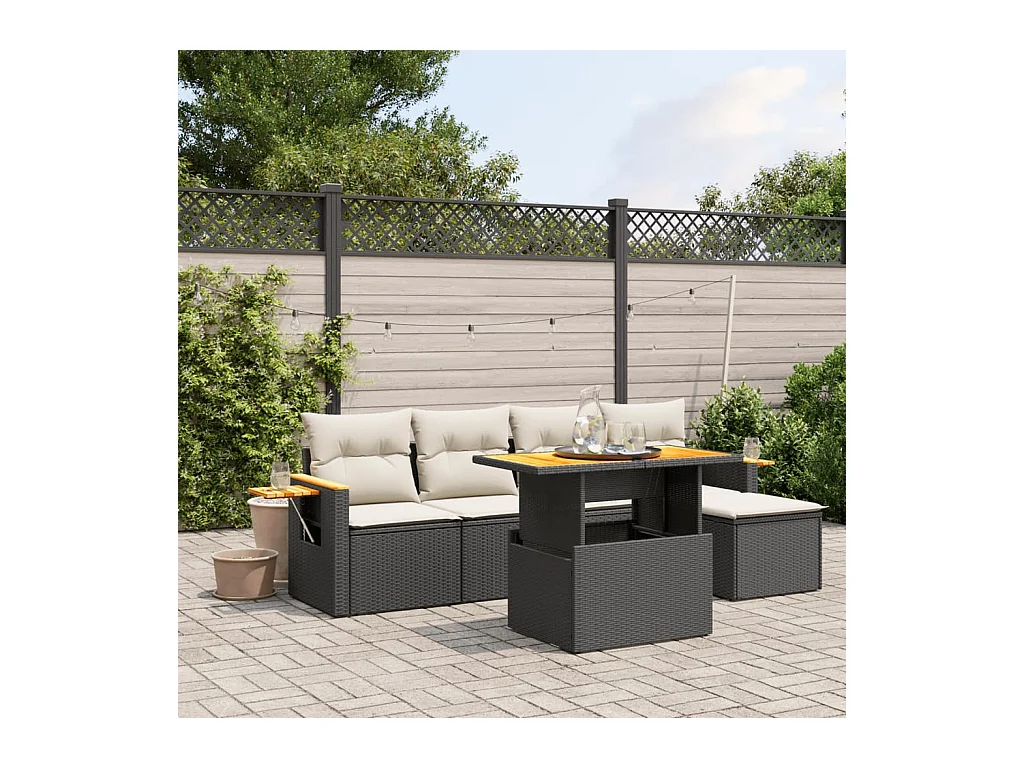 Salon de jardin 6 pièces avec coussins noir résine tressée
