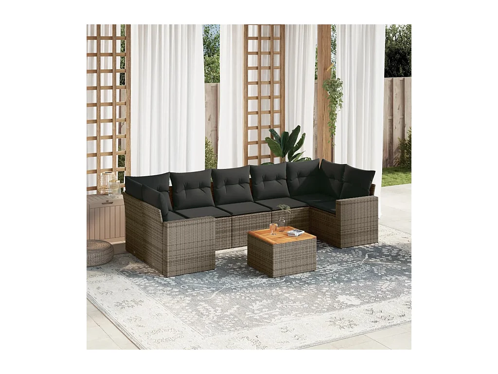 Set de sofás de jardín 8 piezas y cojines ratán sintético gris