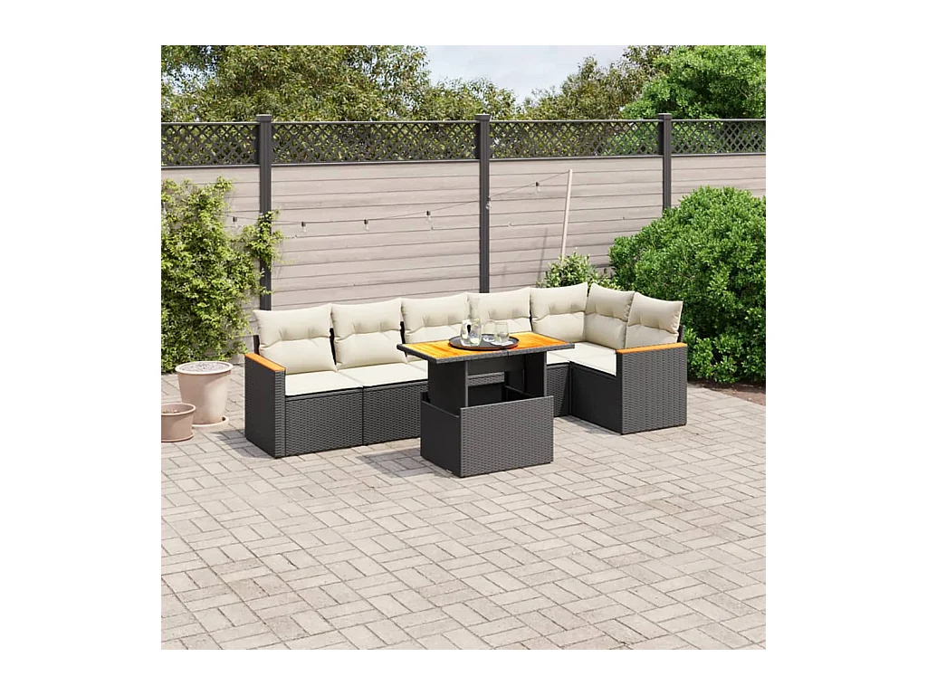 7-delige Loungeset met kussens poly rattan zwart
