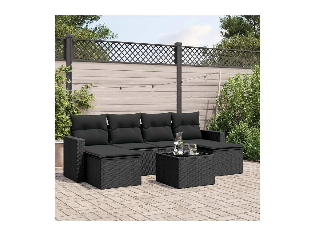 7-delige Loungeset met kussens poly rattan zwart