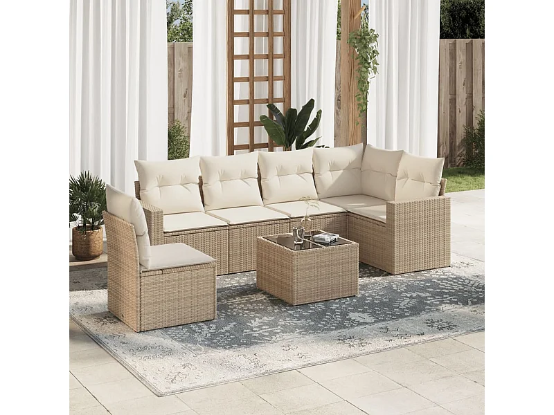 Salon de jardin avec coussins 7 pièces beige résine tressée