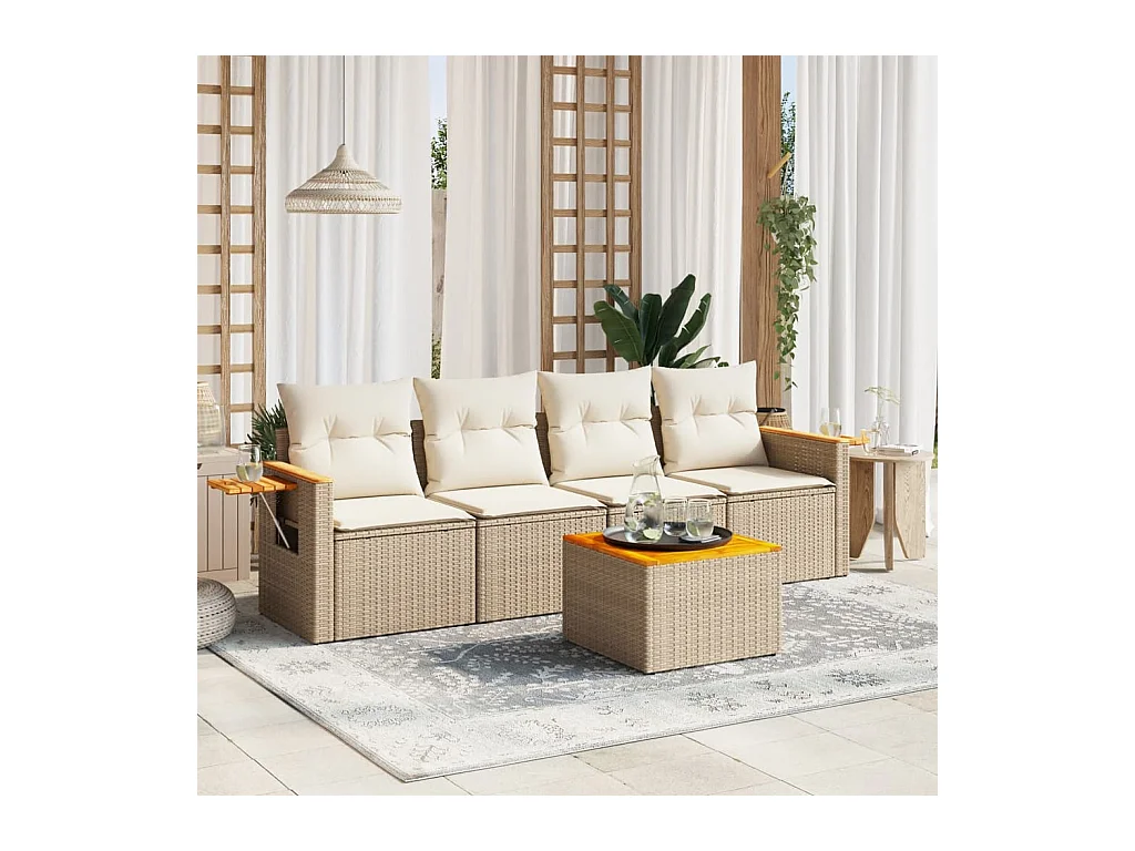 Salon de jardin avec coussins 5 pièces beige résine tressée