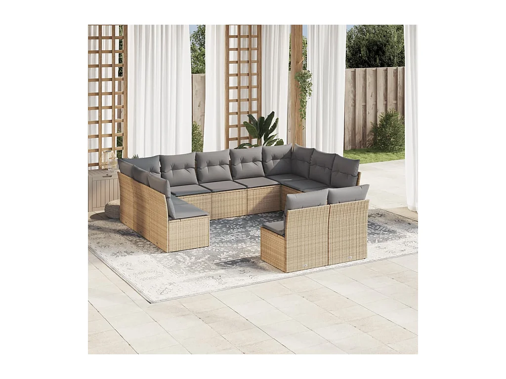 11 peças conjunto sofás de jardim c/ almofadões vime PE bege