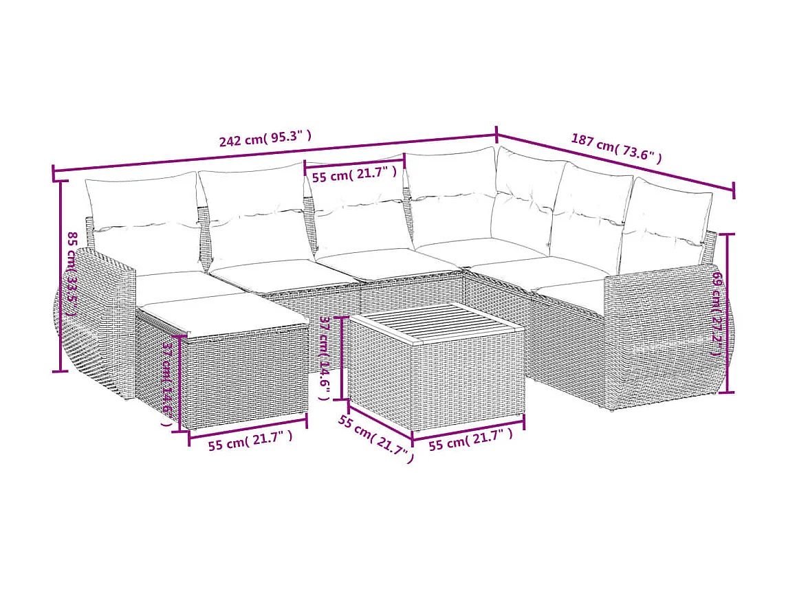 8-delige Loungeset met kussens poly rattan beige