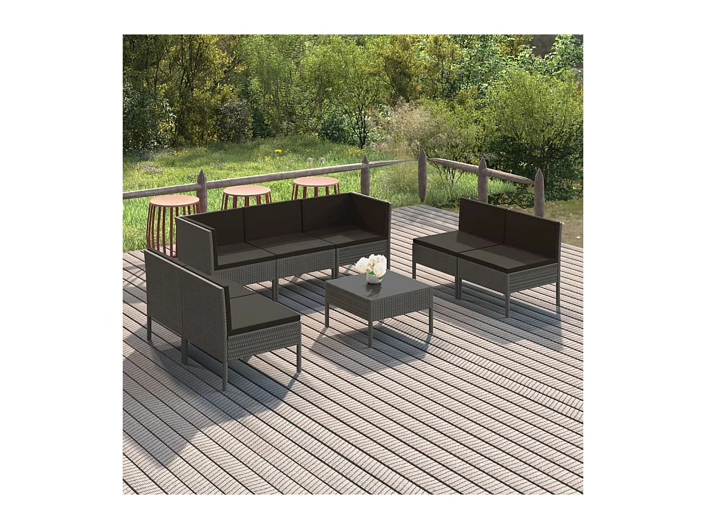 Set de muebles de jardín 8 piezas y cojines ratán sintético gris