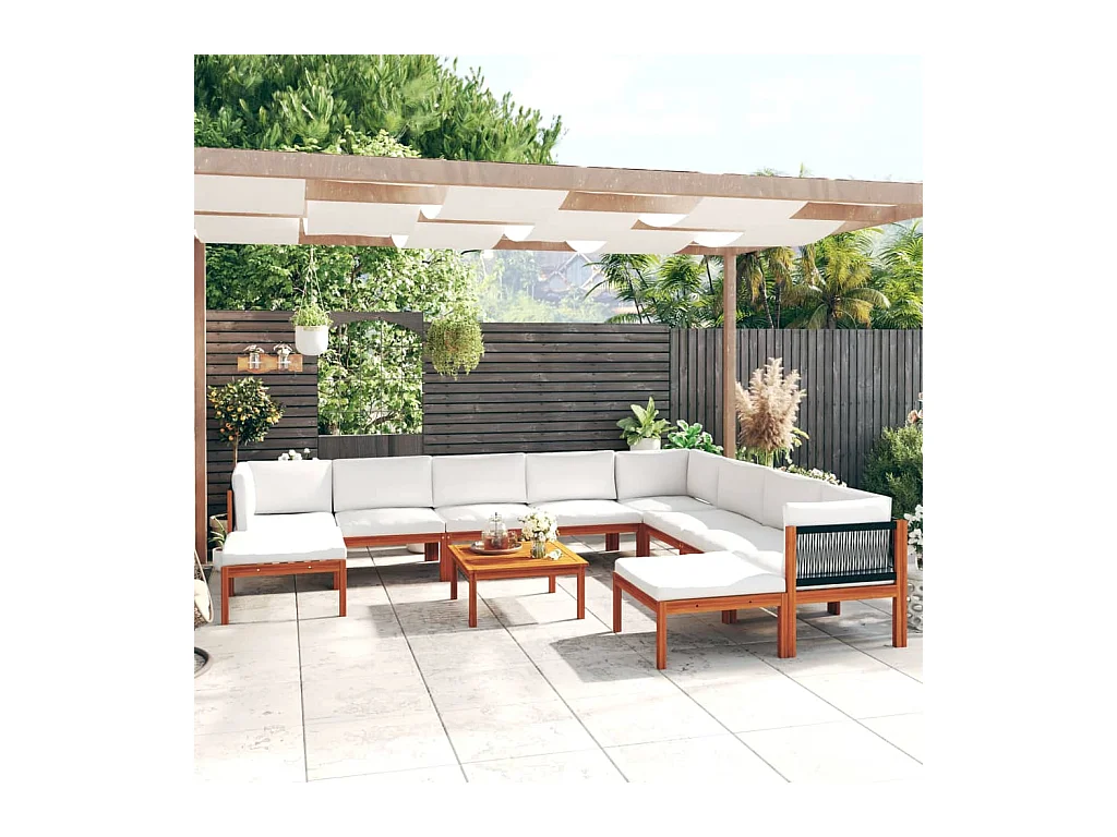 Salon de jardin 11 pièces avec coussins Crème Bois d'acacia solide